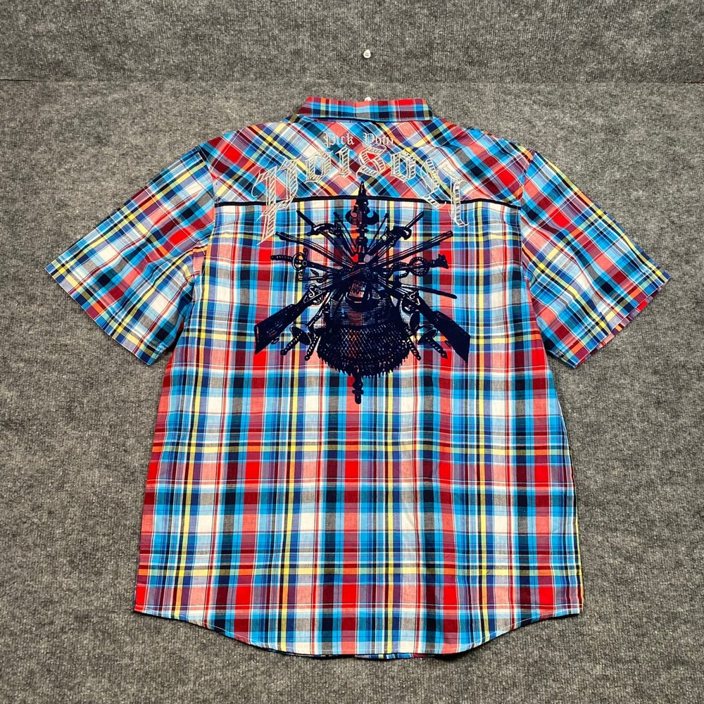 Clench Mens 2XL Plaid Short Sleeve Button Down Shirt Sword Poison Graphic 4PA41